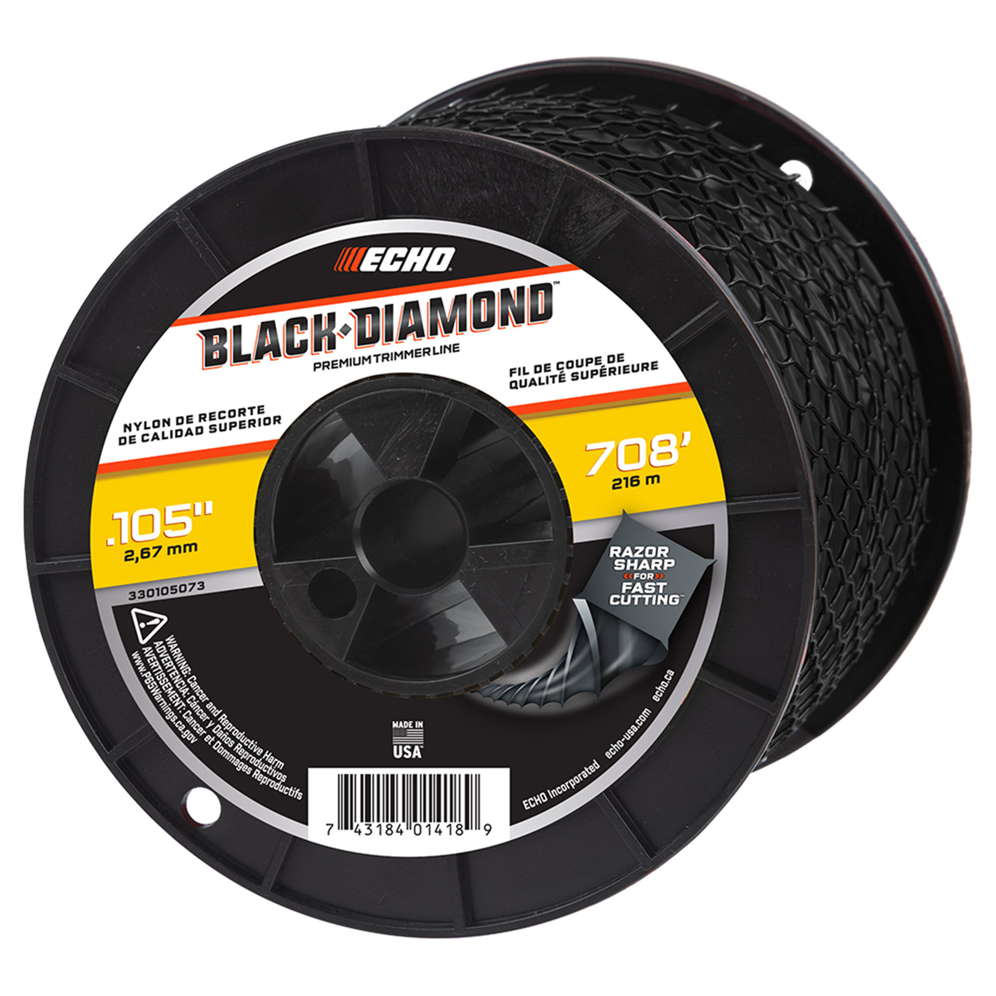 ECHO, Black Diamond® Trimmer Line Twisted, Diamond-shaped line, 708ft, .105 dia, Model #33010573